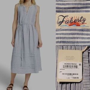 $198 NEW FAHERTY STRIPED COASTAL BLUE WHITE LINEN COTTON MAXI DRESS S SMALL NWT